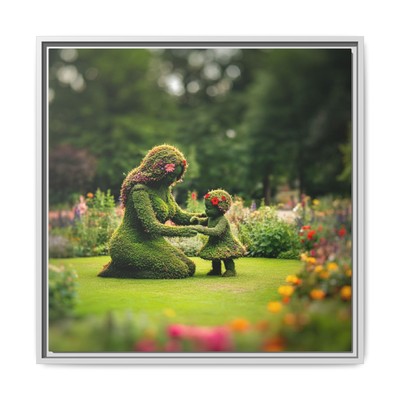 Topiary Mother Teaching Child Playing In Flower Garden Canvas, Framed Art Print