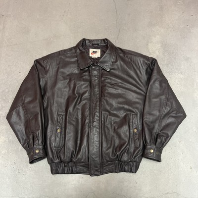 Vintage Nike Men's Brown Leather Jacket 90s Embossed Swoosh Vintage Nike Men's Brown Leather Jacket 90s Embossed Swoosh