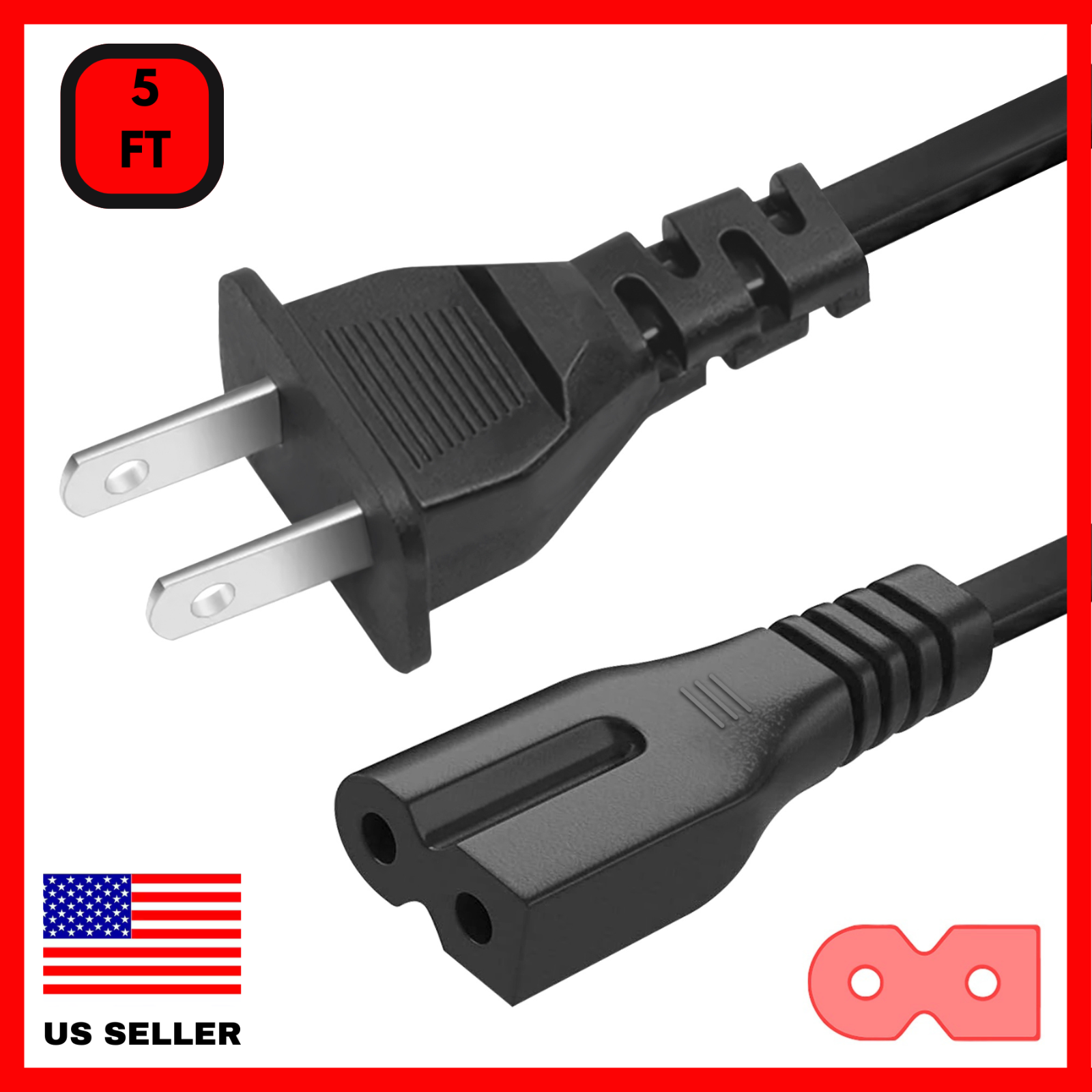 2 Prong Power Cord Polarized 5Ft Cable For Vizio Tv D/E/M Series, Sewing Machine