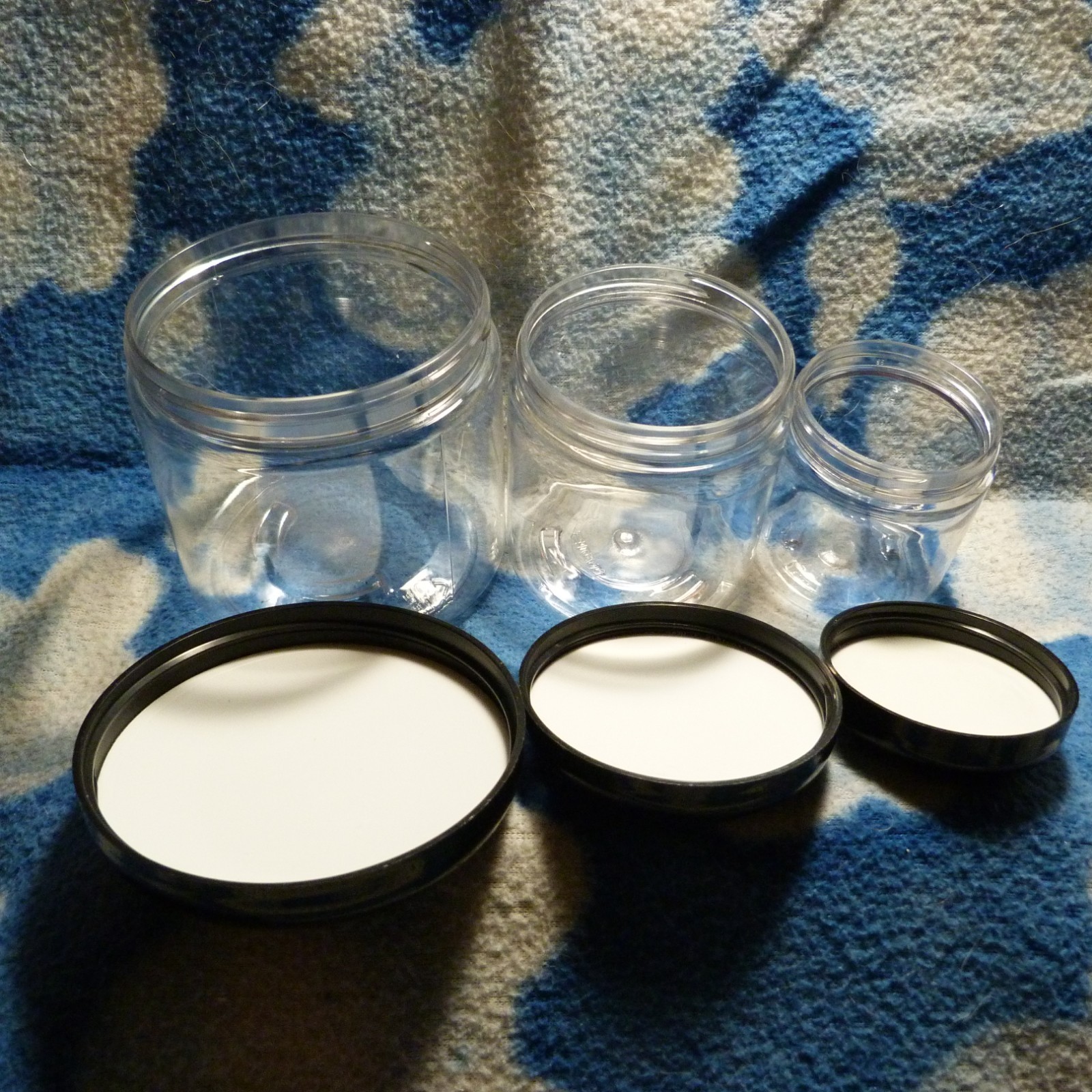 63 New clear containers with black covers - 21 of each: 4oz, 8oz, and 12oz