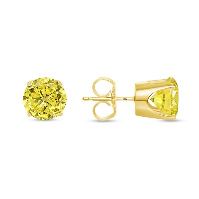 Pre-owned Shine Brite With A Diamond 4 Ct Round Cut Canary Earrings Crown Set Studs Solid 14k Yellow Gold Push Back