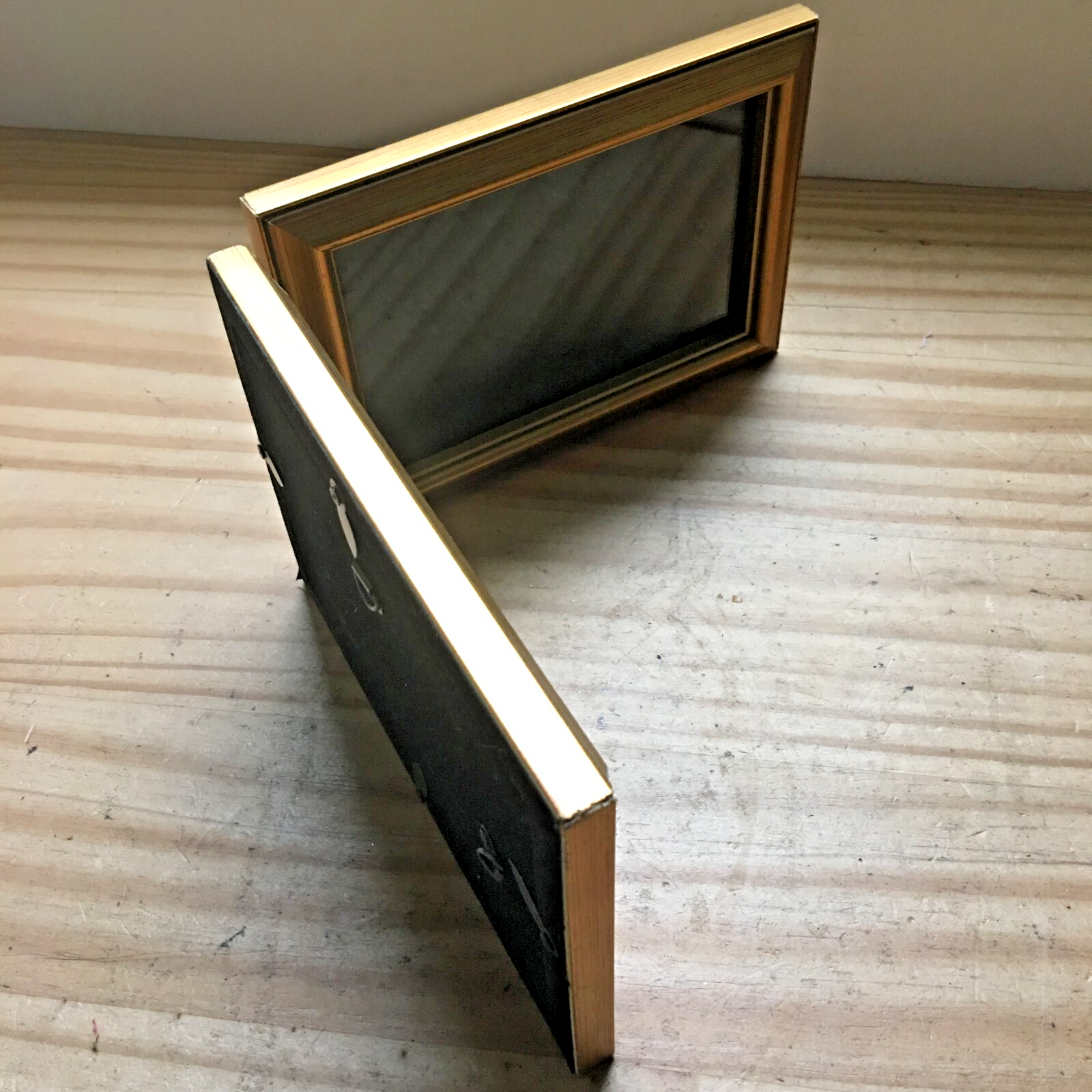 Vintage Gold Tone Metal Rectangle Bifold 2 in 1 Hinged Photo Frames Wall Hanging