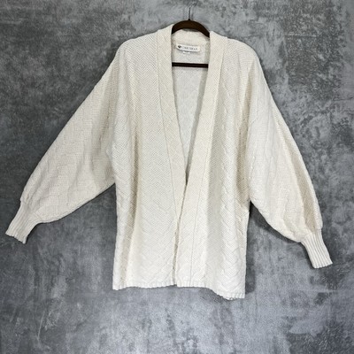 Chris Triola Sweater Women's Medium Ivory Cotton Handmade Cardigan Bishop Sleeve
