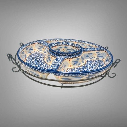 Temptations By Tara Old World Blue Chip Bowl/Plate W/ Dip Bowl And Stand