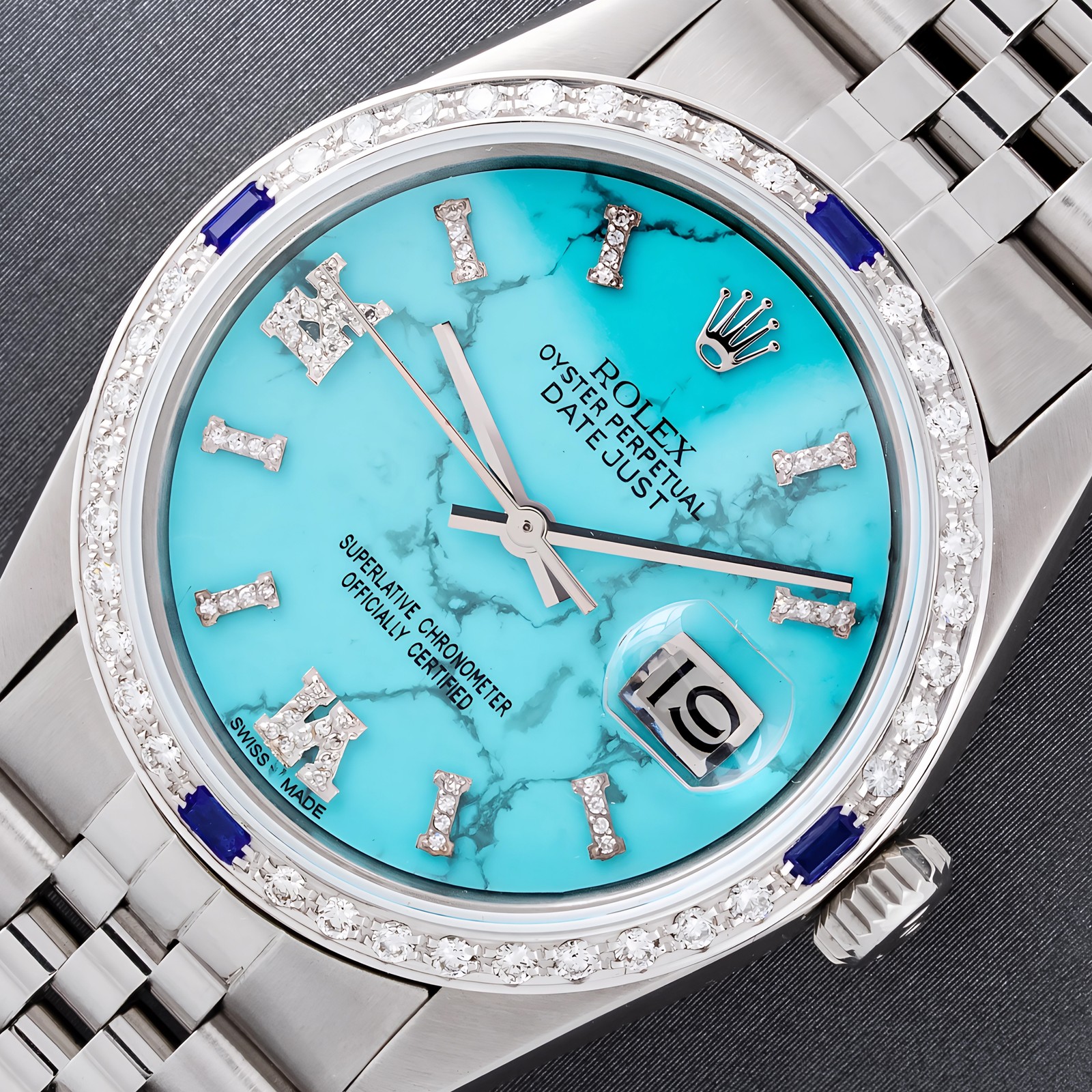 MENS ROLEX DATEJUST SS & 18K GOLD TURQUOISE MARBLE DIAMOND, SAPPHIRE BEZEL WATCH