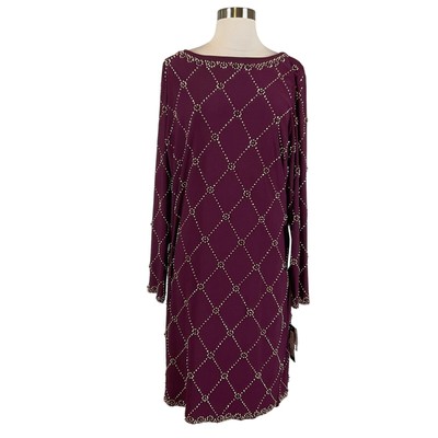 Betsy & Adam Women's Cocktail Dress Size 18W Purple Beaded Long Sleeve Sheath