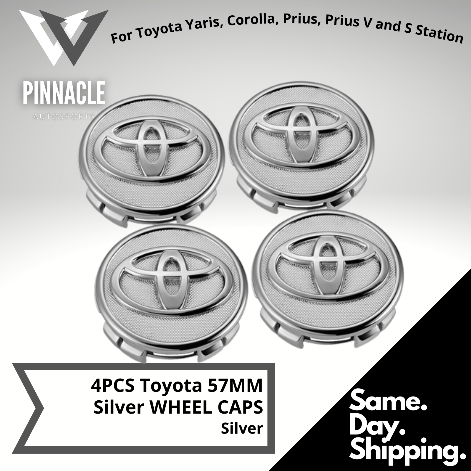 SET OF 4 TOYOTA WHEEL RIM CENTER HUB CAPS SILVER CHROME LOGO 57MM COROLLA PRIUS