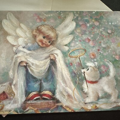 Vtg Christmas Card UNUSED Little Boy Angel Halo Pastel Tree White Puppy W/env