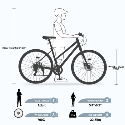 7 Speed Hybrid Bike Disc Brake 700C Road Bike Fits Men Women City Bicycle
