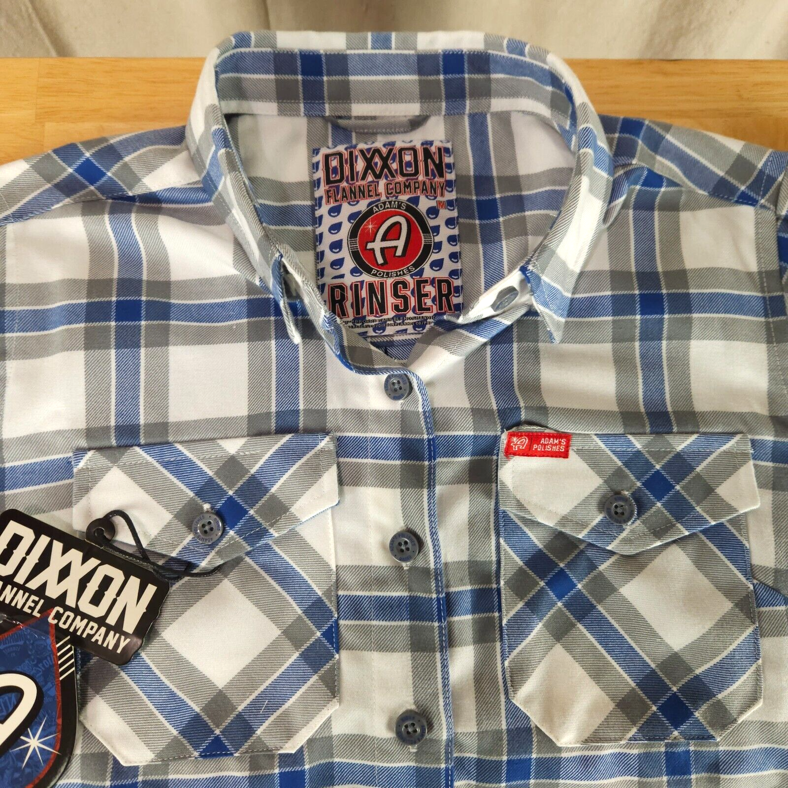DIXXON Adam's Polishes Rinser Flannel Plaid Shirt Women's Size M White Blue Gray