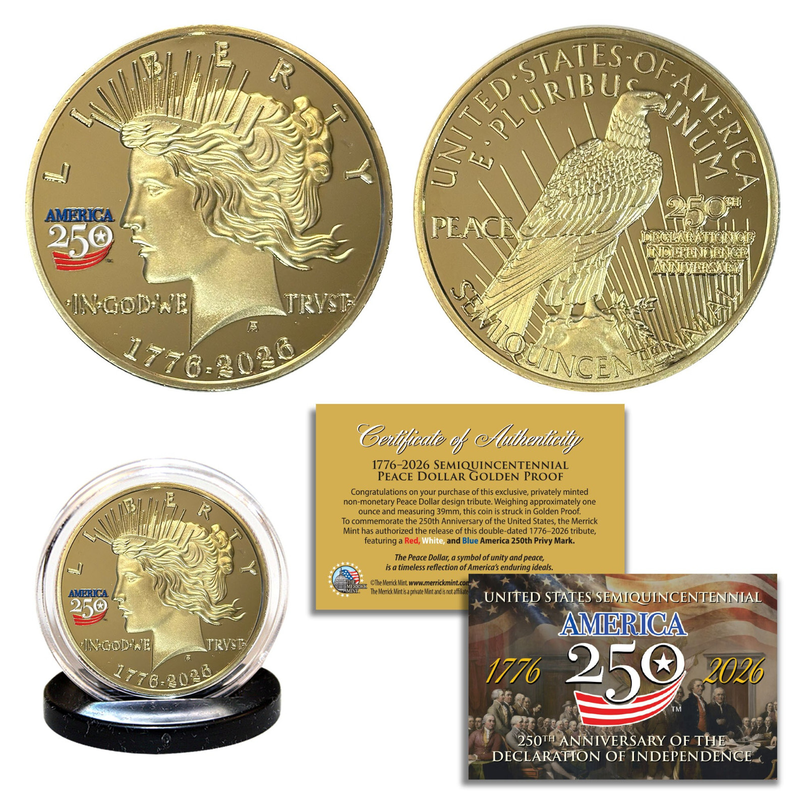 1776-2026 Semiquincentennial AMERICA 250 PEACE DOLLAR Golden