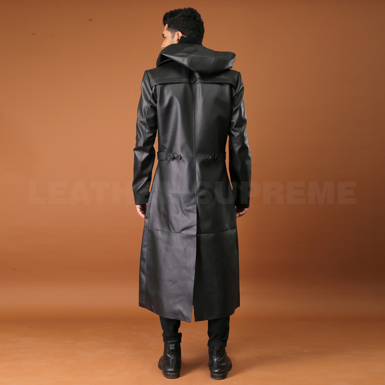 Pre-owned Supreme Men Black Long Hooded Coat For Men Leather Long Trench Coat Duster Coat