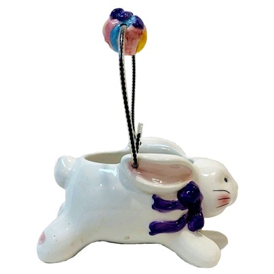 Galerie Bunny Small White Ceramic Easter Basket Running Wire Handle Purple Bow