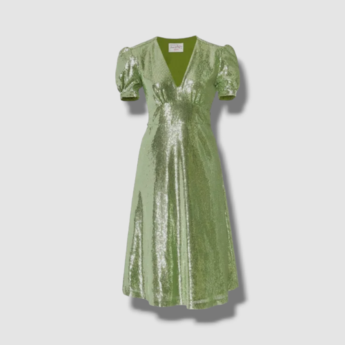 Pre-owned Hvn $745  Women's Green Paula Deep V-neck Sequined A-line Dress Size 2
