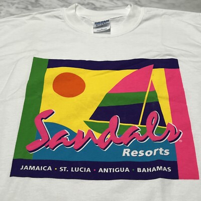 Vintage Sandals Resorts T Shirt XL Jamaica St Lucia Antigua Bahamas Bright Color