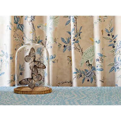 BRUNSCHWIG & FILS KANCHOU FLORAL BIRD BUTTERFLY PRINT FABRIC 10 YARDS SAND MULT