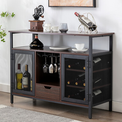 Brown 43''Industrial Wine Bar Cabinet Liquor Glasses Wine Rack Table Home Kitchen
