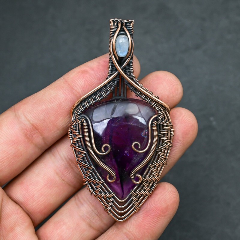 Amethyst Gemstone Copper Wire Wrapped Handmade Pendant Jewelry Gift For