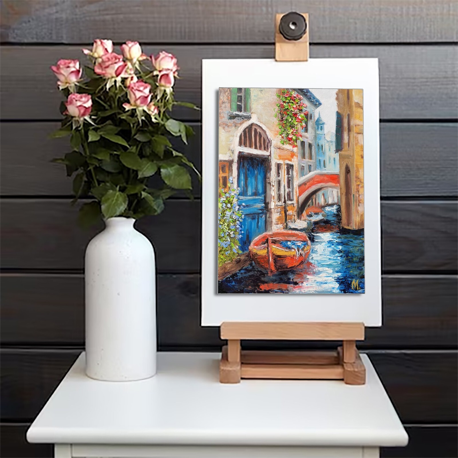 Venice Painting Boat Italy Original Art Grand Canal Flowers Citscape City Houses