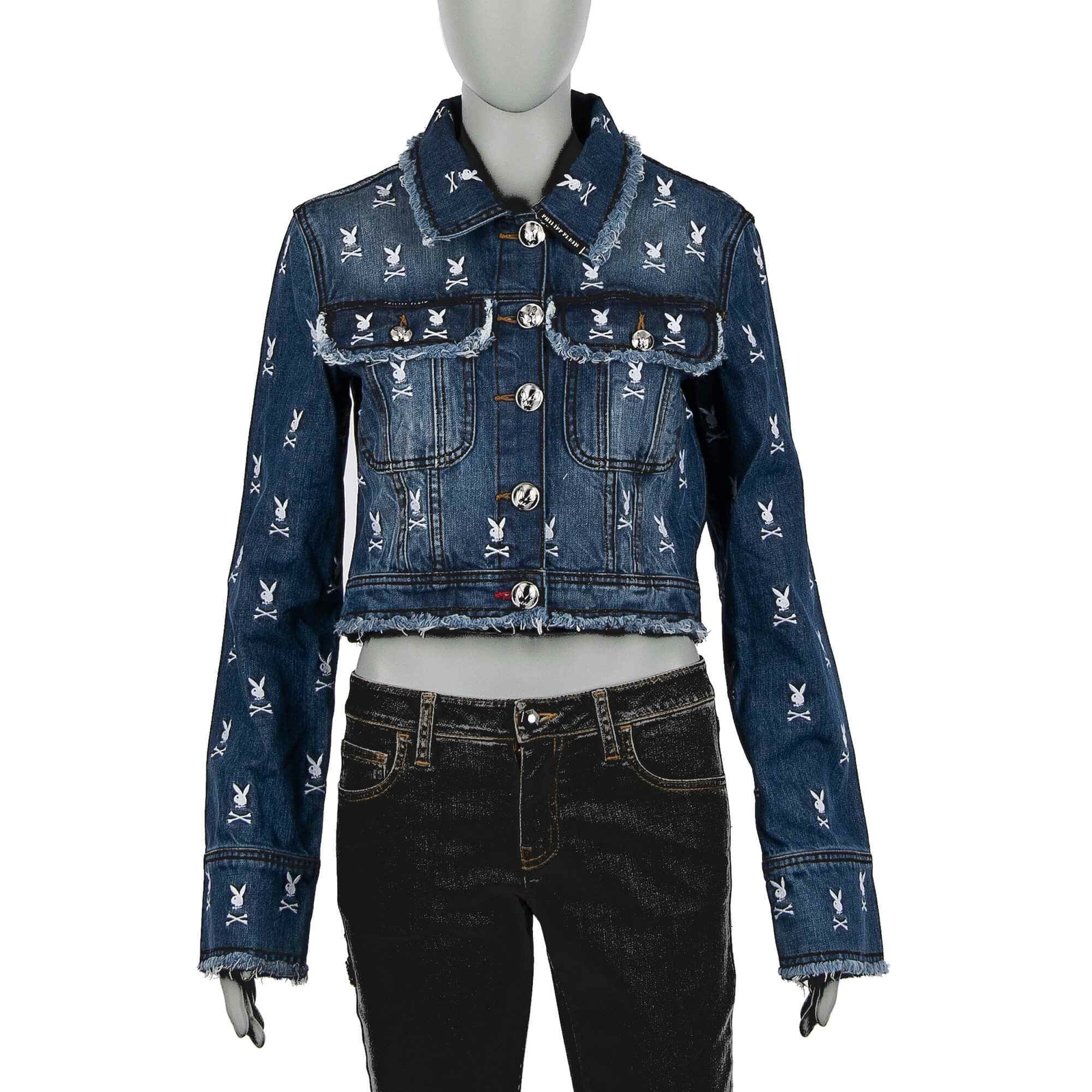 

Короткая джинсовая куртка Philipp Plein X Playboy с вышивкой логотипа, СИНЯЯ SM 08681, Синий