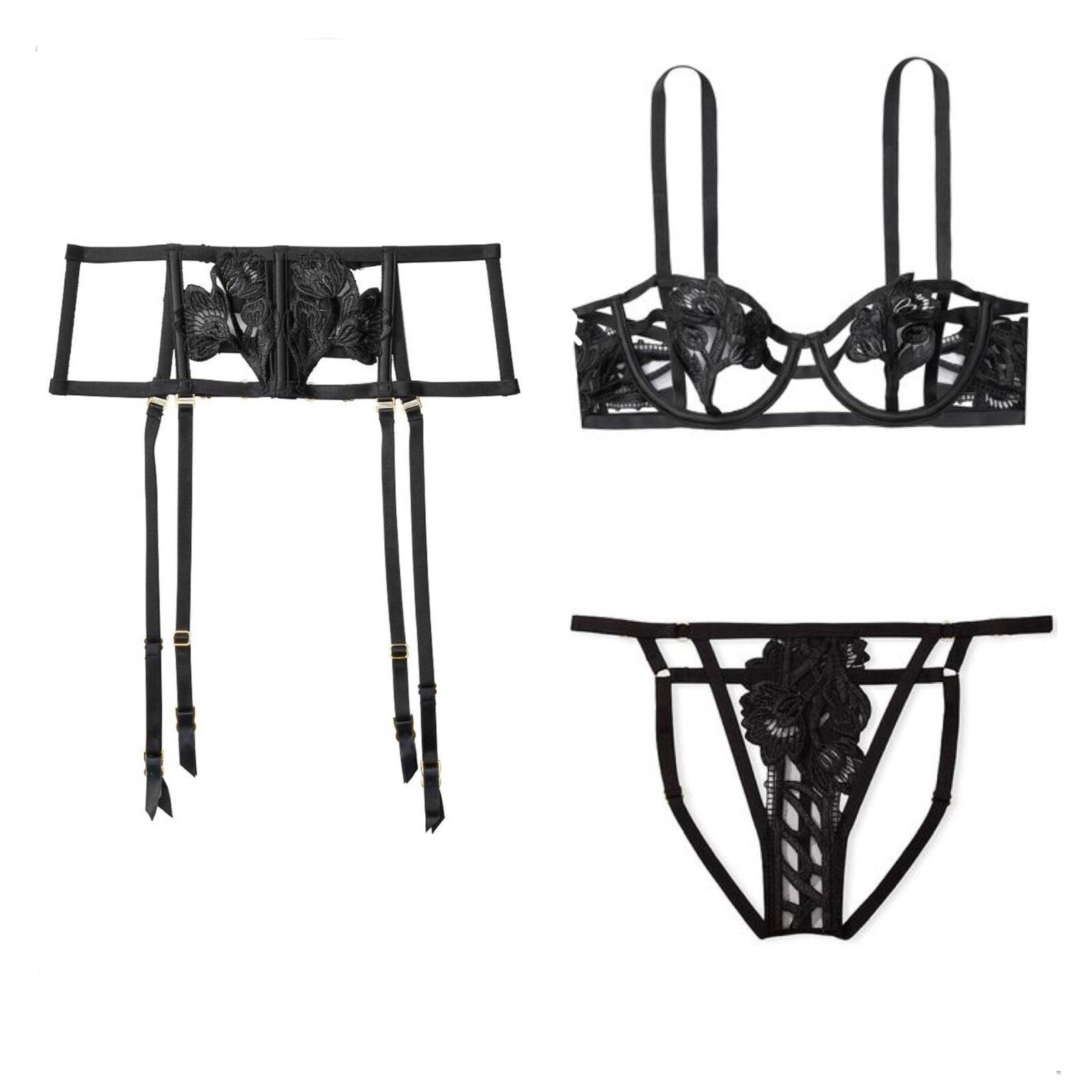 

Victorias Secret Бюстгальтер-балконет с открытой чашкой и подвязками на бретельках и вышивкой, черный