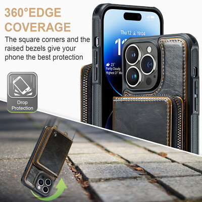 For iPhone 16 15 14 13 Pro Max RFID Blocking Wallet Crossbody Strap Leather Case