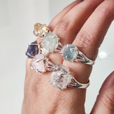 NATURAL GEMSTONE ROUGH BIRTHSTONE 925 STERLING SILVER BOHO GYPSY WOMENS RING