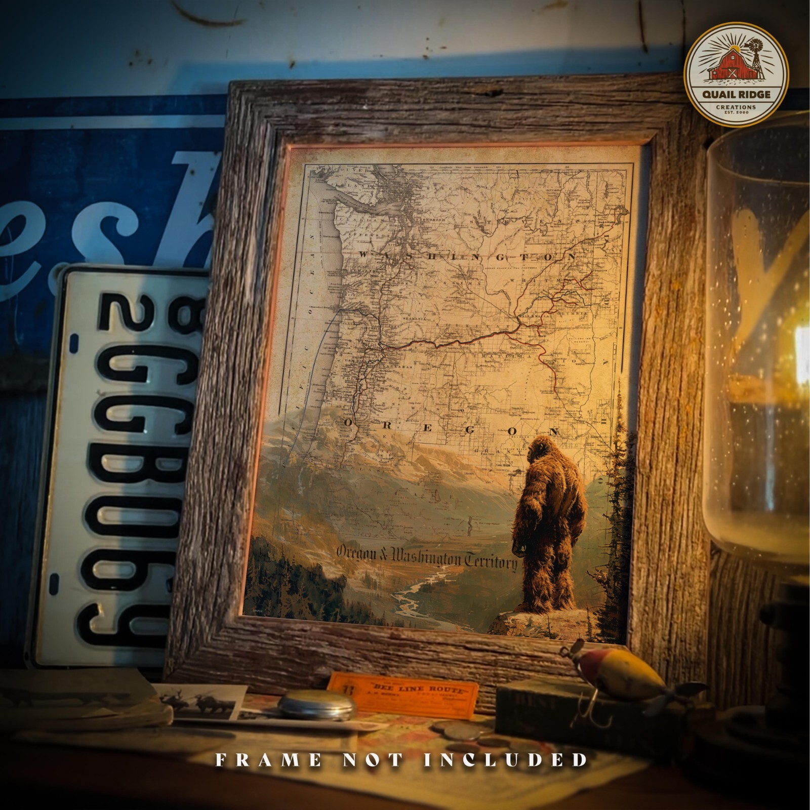 Sasquatch Bigfoot Art Print Vintage Washington Oregon State Map Wall Decor Gift