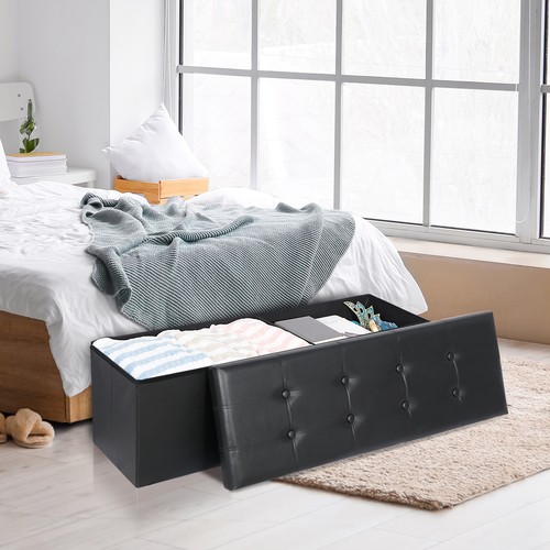 43" Folding Storage Ottoman Bench Faux Leather Footrest Chest with Divider Black