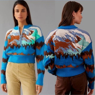 Urban Outfitters BDG Jesse Half-Zip Mountain Graphic Half-Zip Sweater, Large