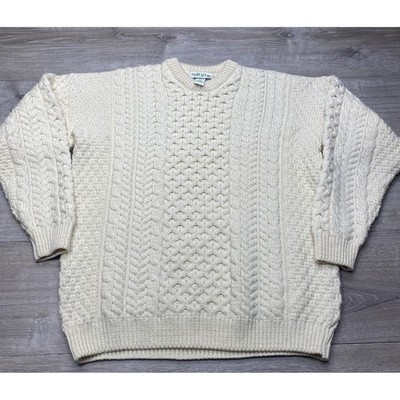 Orvis Sweater Mens L Cream Merino Wool Cable Knit Aran Ireland Heavy Fisherman
