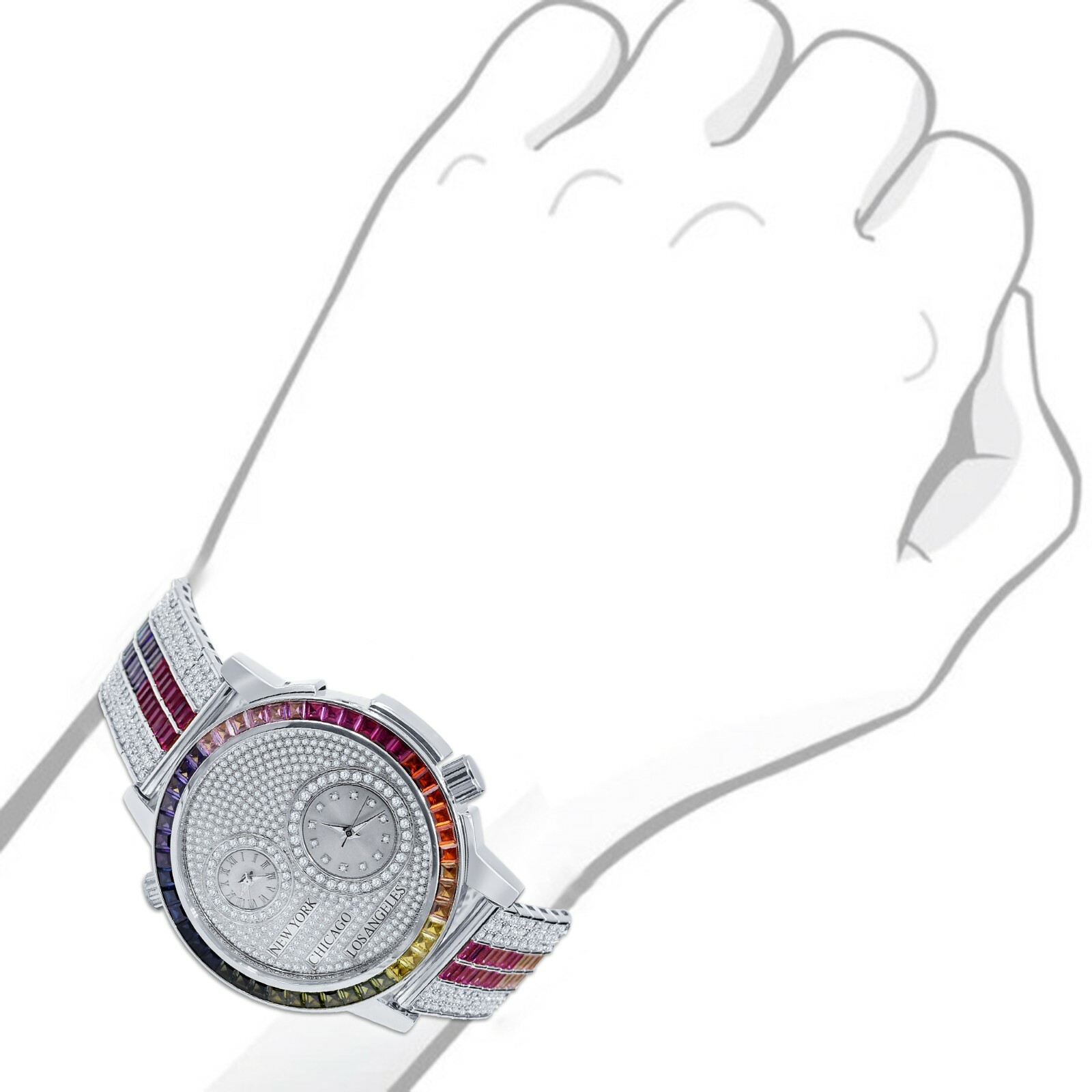 Pre-owned Ice Master Genuine Diamond White Tone 2 Time Zone Chronograph Baguette Rainbow Dial Watch