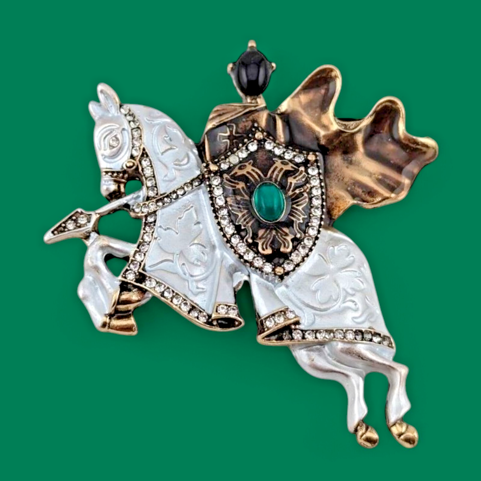 MEDIEVAL KNIGHT & WAR HORSE BROOCH retro crystal rhinestone