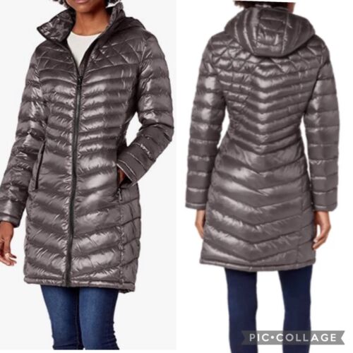 CALVIN KLEIN Women’s Packable Hooded Down Puffer Coat Shiny Granite Gray Size XS CALVIN KLEIN Women’s Packable Hooded Down Puffer Coat Shiny Granite Gray Size XS