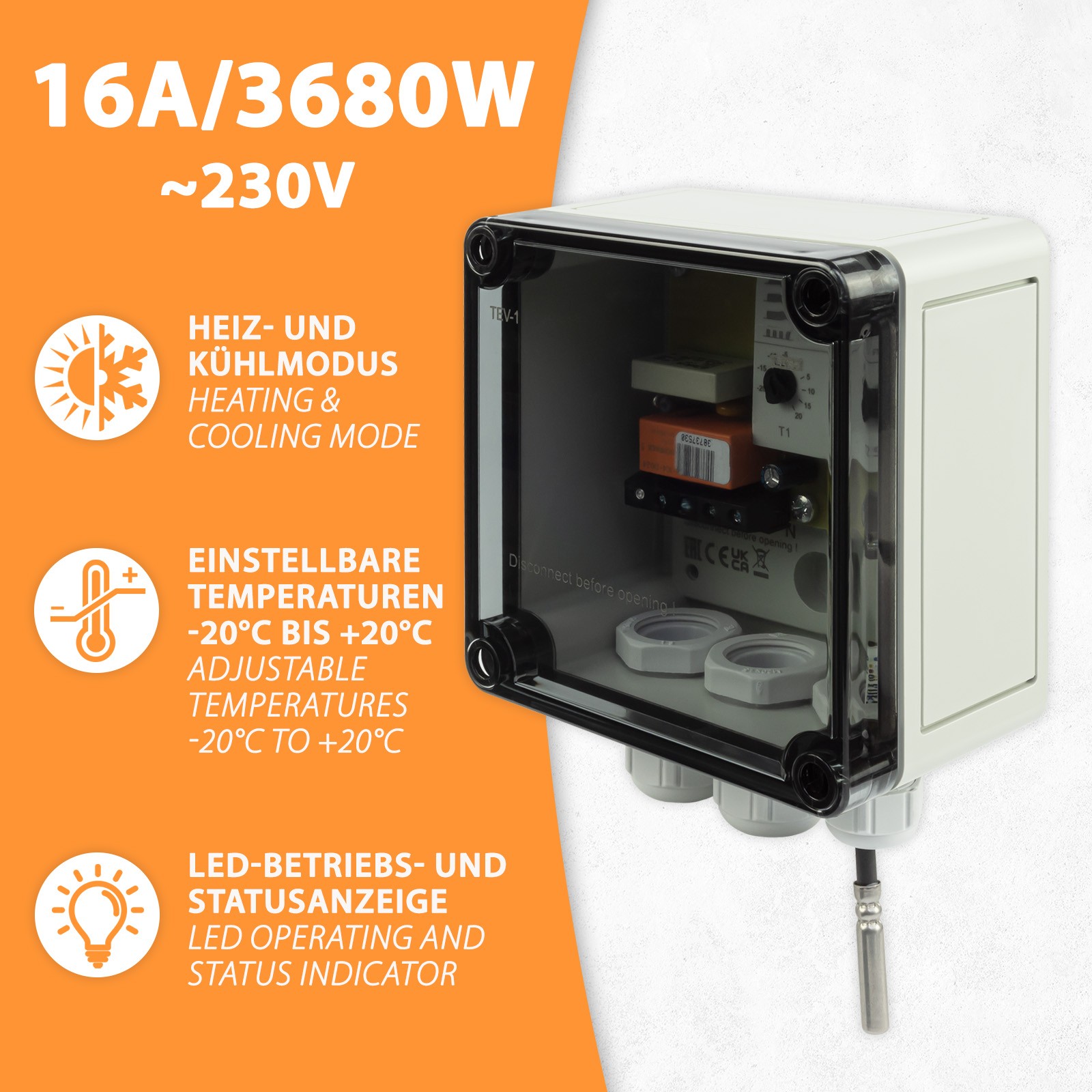 TEV-1 Thermostat - zwei Grenzwerte inkl. externer Sensor - Bild 