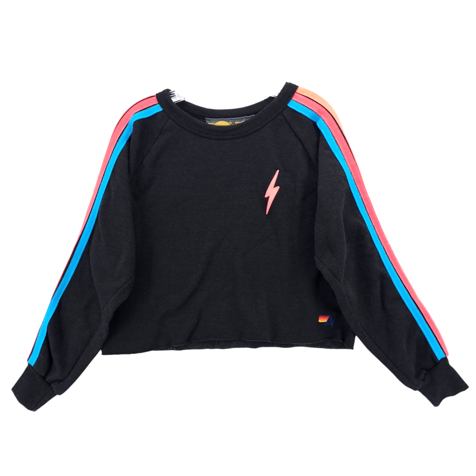 AVIATOR NATION Bolt Classic Cropped Crew Sweatshirt Charcoal Neon Stipes MEDIUM