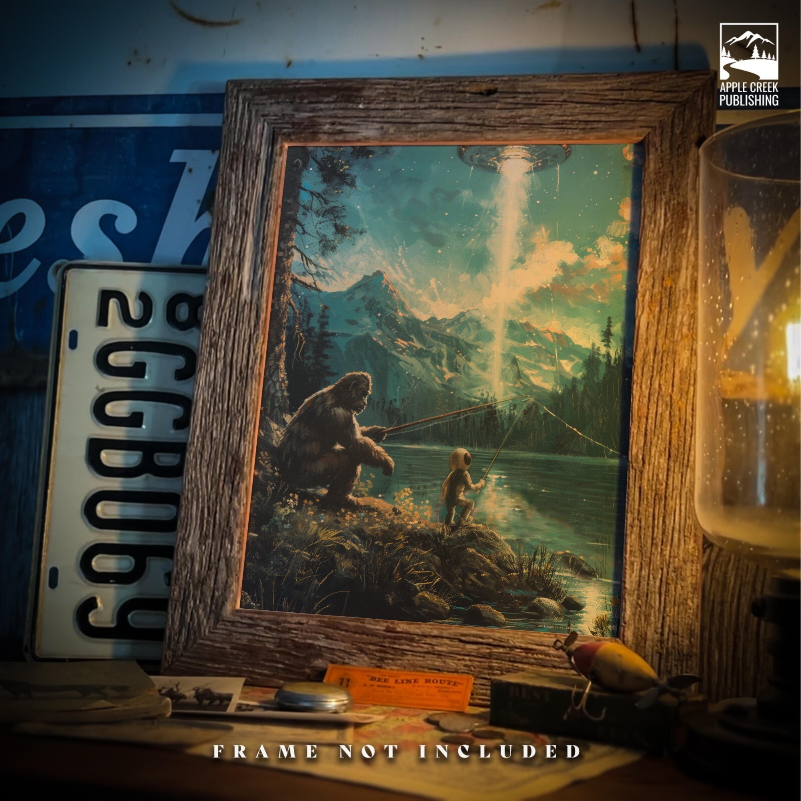 Sasquatch Bigfoot Art Print  UFO Alien Artwork Fishing Cabin Wall Decor Gift