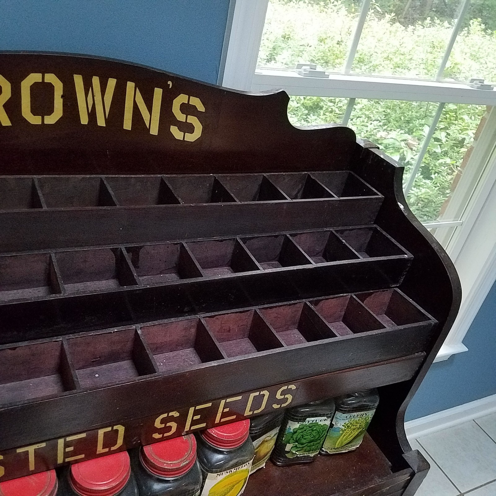 Antique Store Seed Jars Spout Alfred J. Brown Seed Co. Wood Seed Display