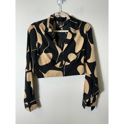 NWT Vero Moda Black Beige Patterned Long Sleeve Cropped Blouse Sz S