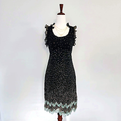 ANNA SUI | ANTHROPOLOGY 100% Silk Polkadot Midi Dress Ruffle Sleeveless Size 2