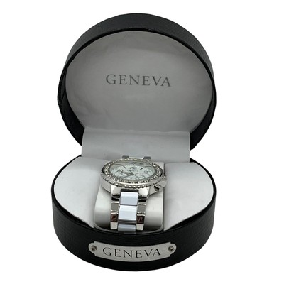 Geneva Watch Silver White Rhinestone Women's In Box No Papers, but Attached 