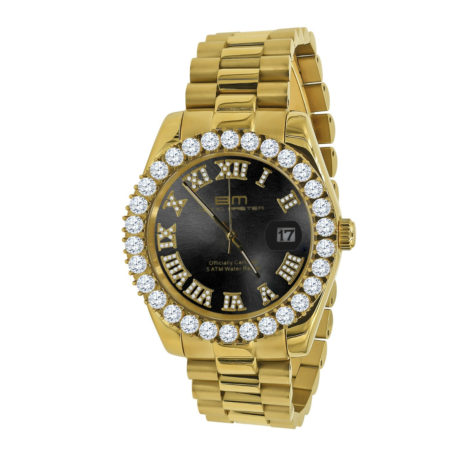 Pre-owned Bling Master Solid Steel Black Dial 18k Gold Simulated Diamonds Presidential 42mm Men's Watch