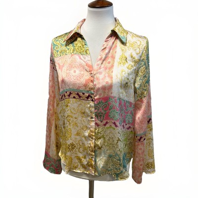 Zara Blouse Women Sz S Multicolor Patchwork Boho Hippie Festival Floral Satin