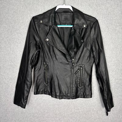 Max Studio Faux Leather Jacket Womens Small Black Moto Biker Zippers Vegan Rock