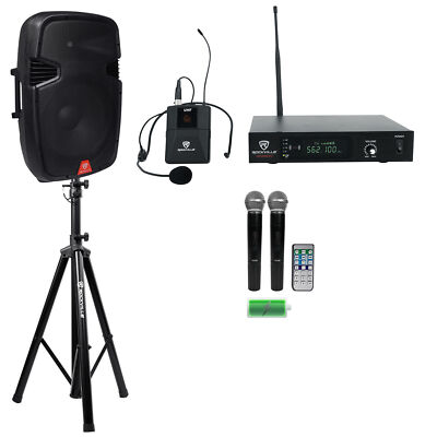 Rockville RAM15BT 15''Bluetooth Rechargeable 800W PA Speaker+Headset+2 Mics+Stand