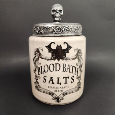 Halloween Jar Blood Bath Salts Canister Skull Lid Gothic Style Crock 8inch Bat