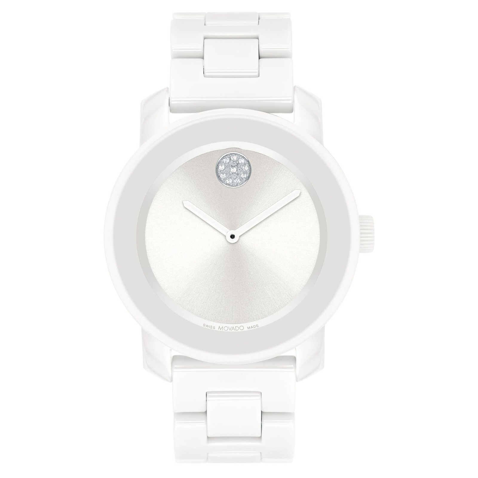 Pre-owned Movado Bold Crystal Accent All White Ceramic Bracelet Watch 36mm 3600802