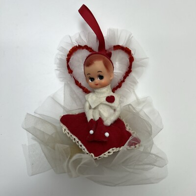 Vintage Elf Pixie shelf Valentine Hugger Red Felt Heart Ornament heart