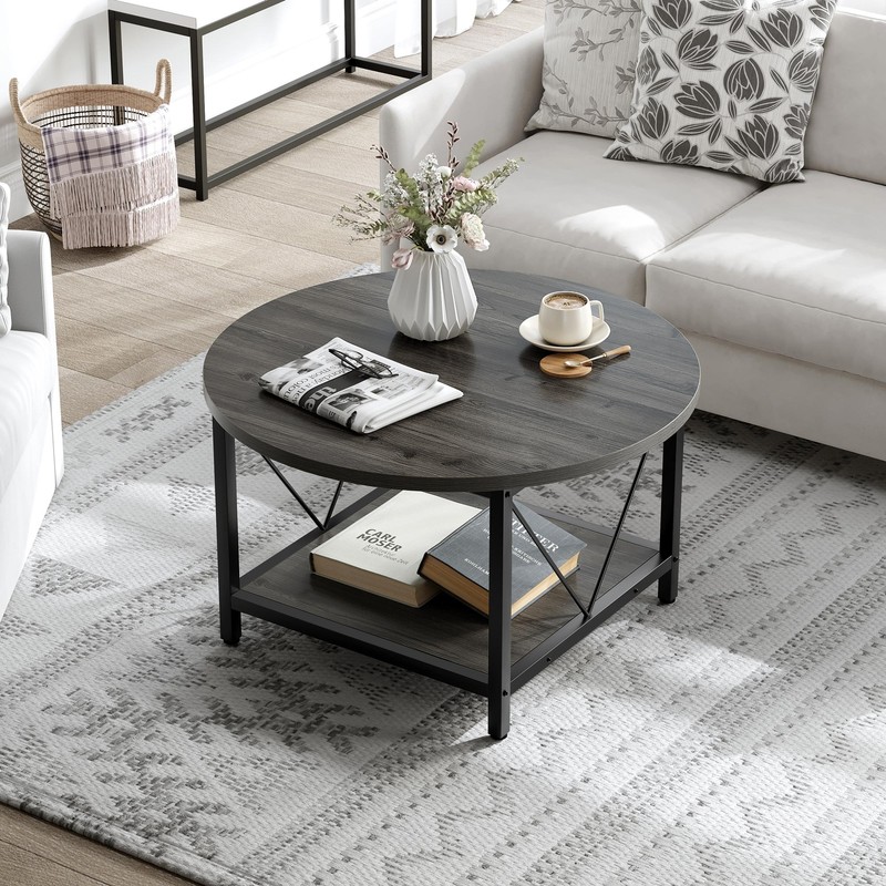 2-Tier Modern Round Coffee Table with Storage Open Shelf Home Office Living Room