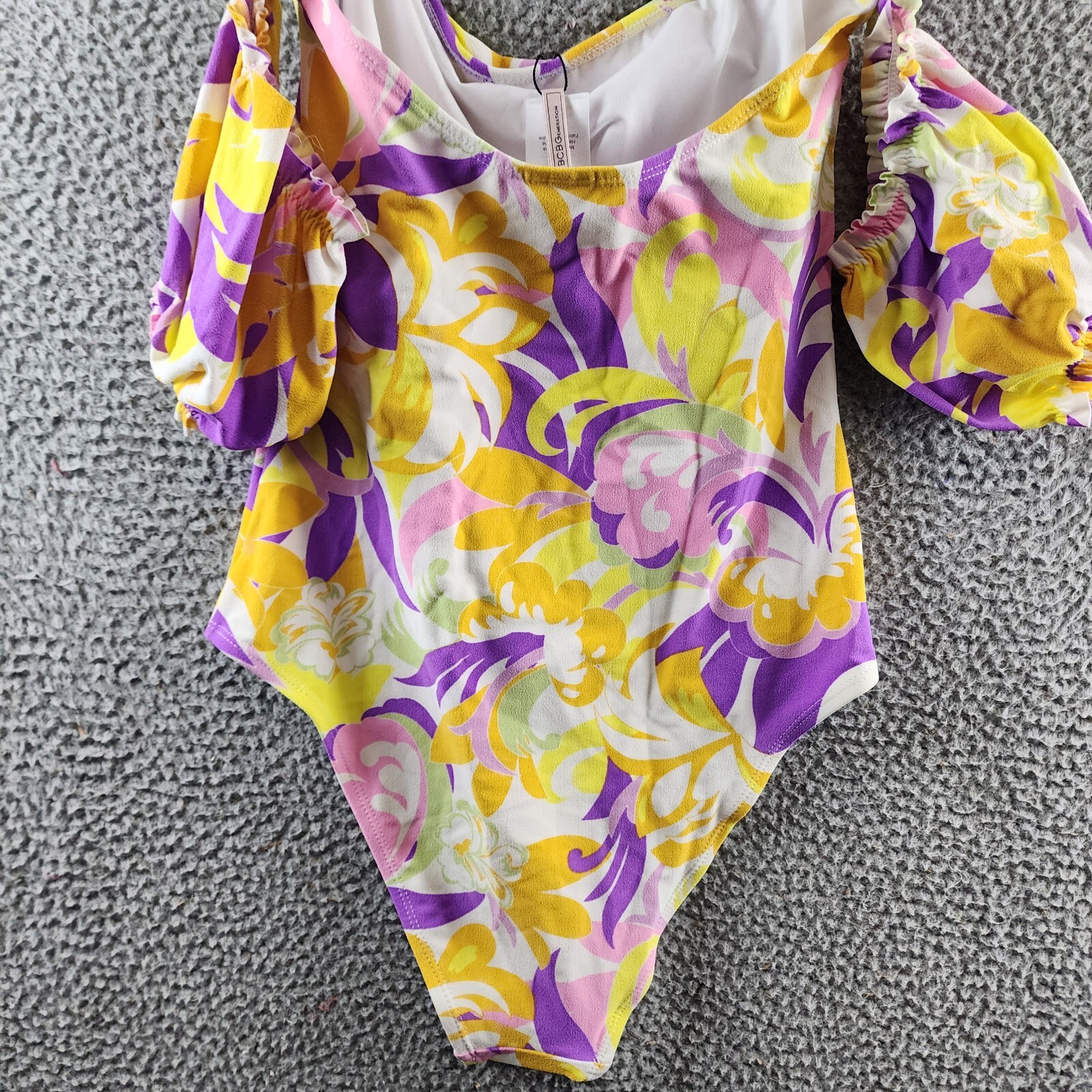 BCBGeneration Floral Off Shoulder One Piece Swimsuit Women M/M Yellow Multicolor - Picture 13 of 14
